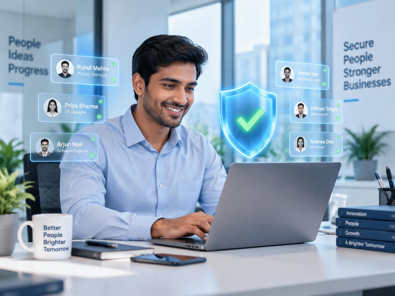 Business owner verifying customers and vendors on a laptop with a verified shield
